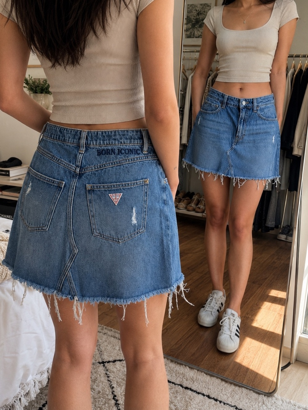 GUESS Denim Mini Skirt Raw Hem Distressed Size 27 EIM Jeanologia